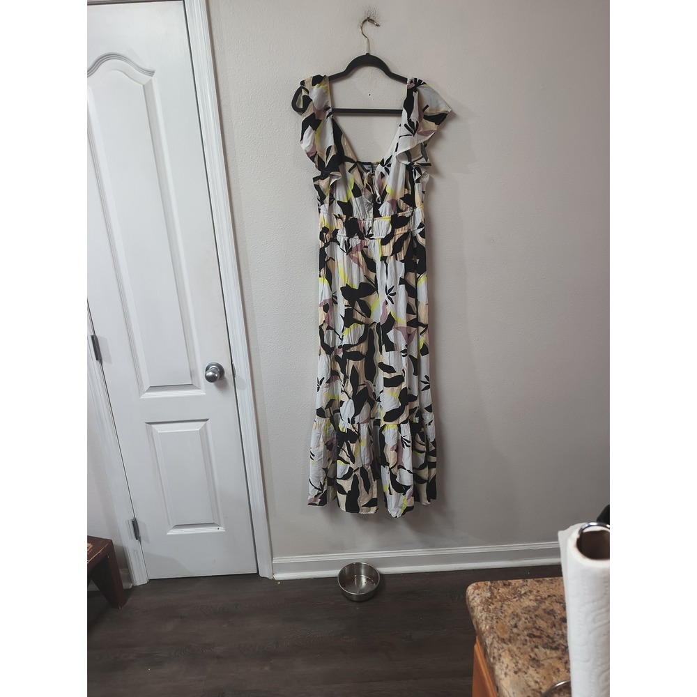 Nine West Womens Large Abstract Floral Smocked Waist Ruffle Sleeve Maxi Dress